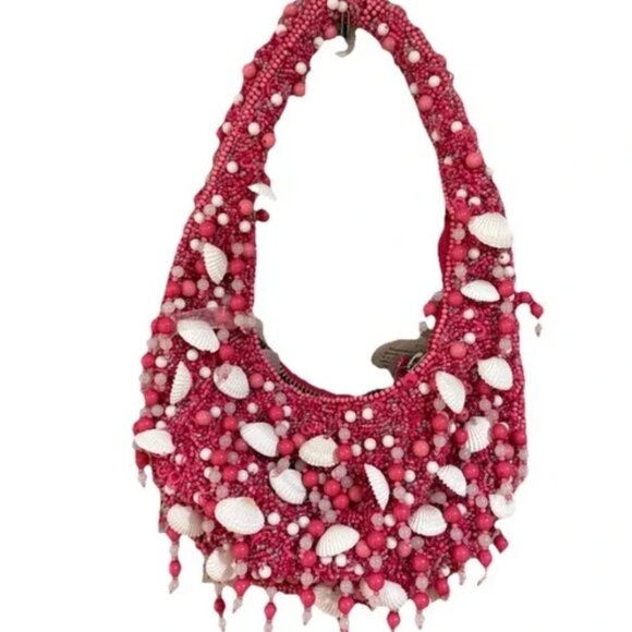 Hot Pink Sea Shell Beaded Boho Bag Handcrafted in India NWT Tik Tok Viral - Picture 2 of 5